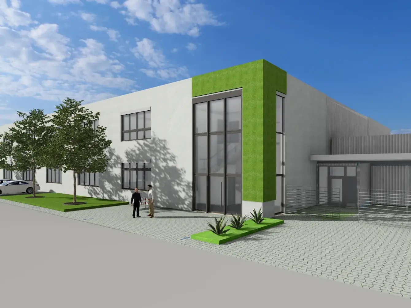 Visualisierung der Betriebserweiterung Springtec Löw in Mauer: Halle mit zweigeschossigem Kopfbau und grüner Fassadenfläche