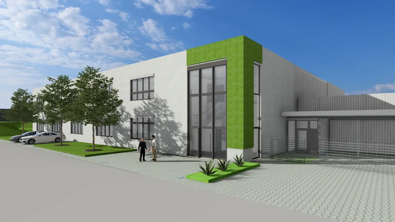 Visualisierung der Betriebserweiterung Springtec Löw in Mauer: Halle mit zweigeschossigem Kopfbau und grüner Fassadenfläche